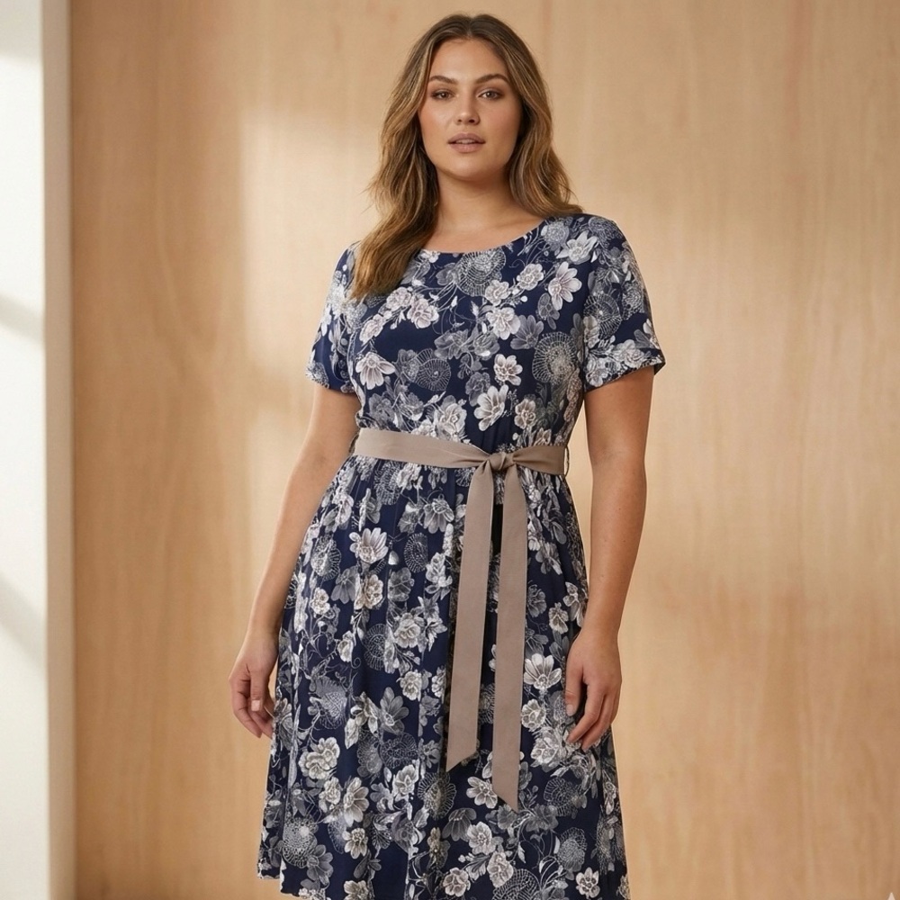 Navy Floral Midi Dress with Belt - Picture 2 of 5